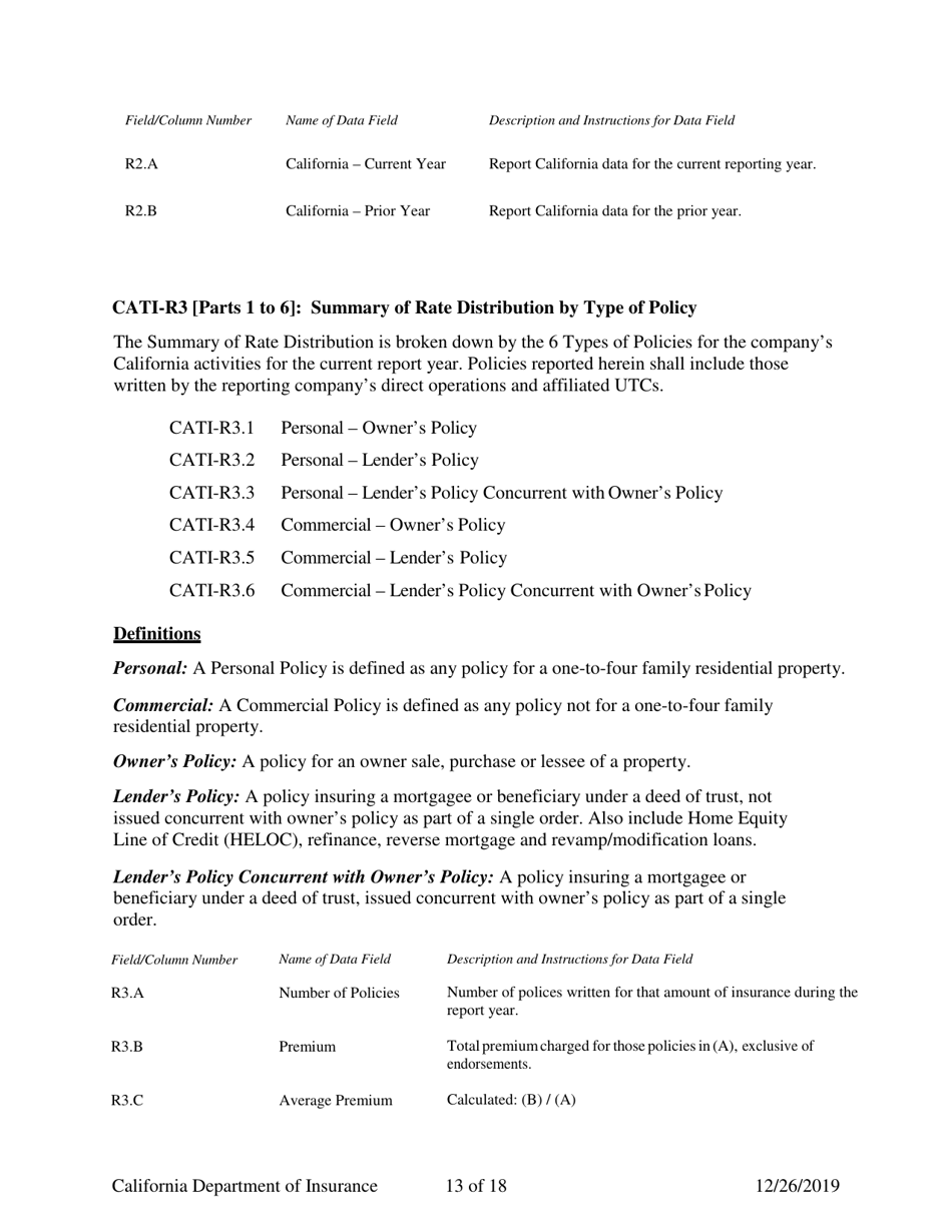 Instructions for California Title Insurance Statistical Plan and Income Statement Report - California, Page 13
