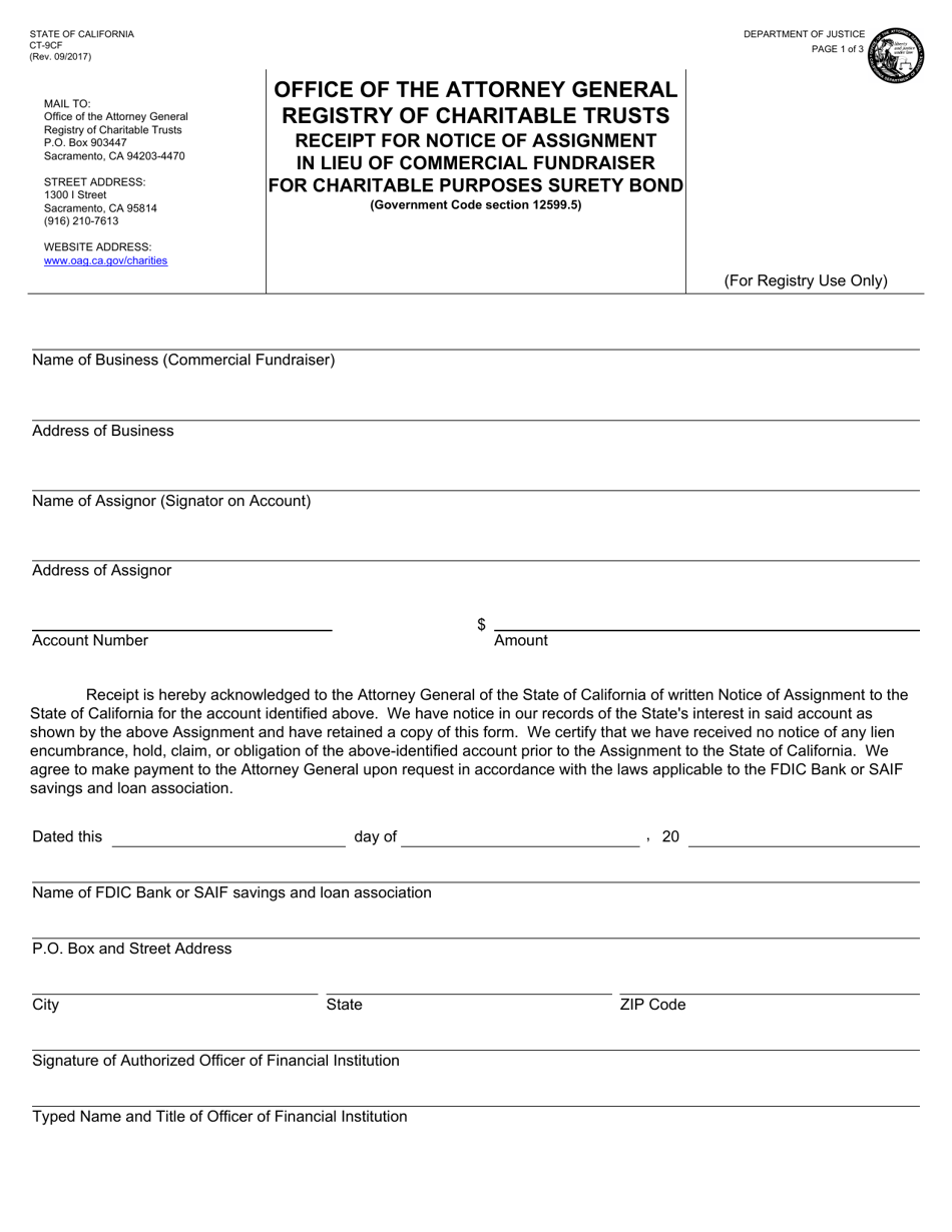 Form CT-9CF Commercial Fundraisers Receipt for Notice of Assessment in Lieu of Surety Bond - California, Page 1