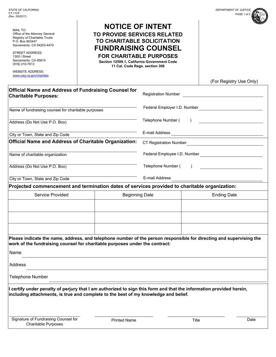 Form CT-11CF Notice of Intent to Provide Services Related to Charitable Solicitation - Fundraising Counsel - California, Page 1