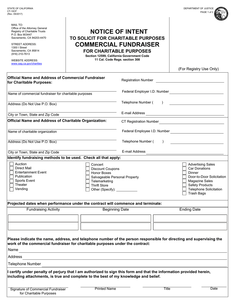Form CT-10CF Notice of Intent to Solicit for Charitable Purposes - Commercial Fundraiser - California, Page 1