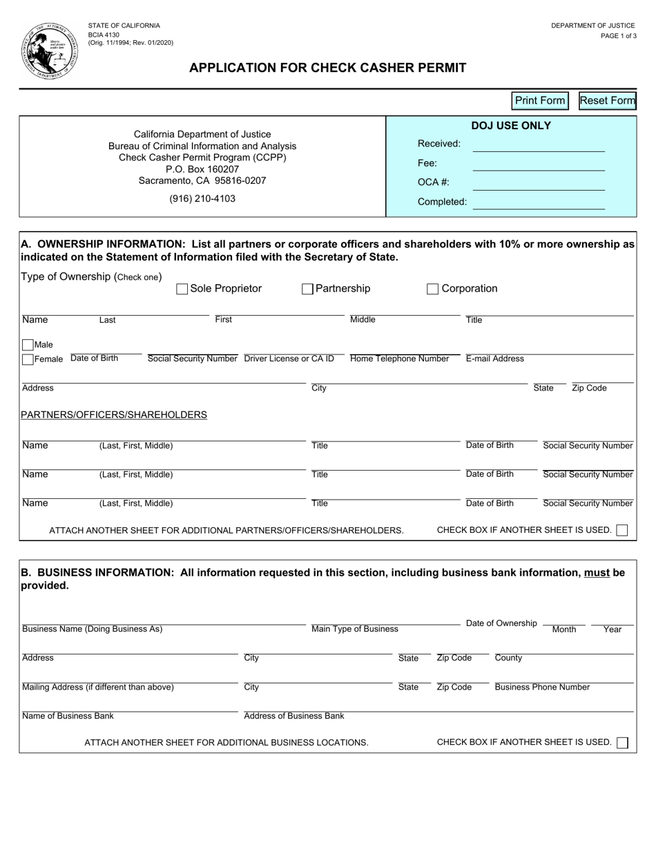 Form BCIA4130 Application for Check Casher Permit - California, Page 1