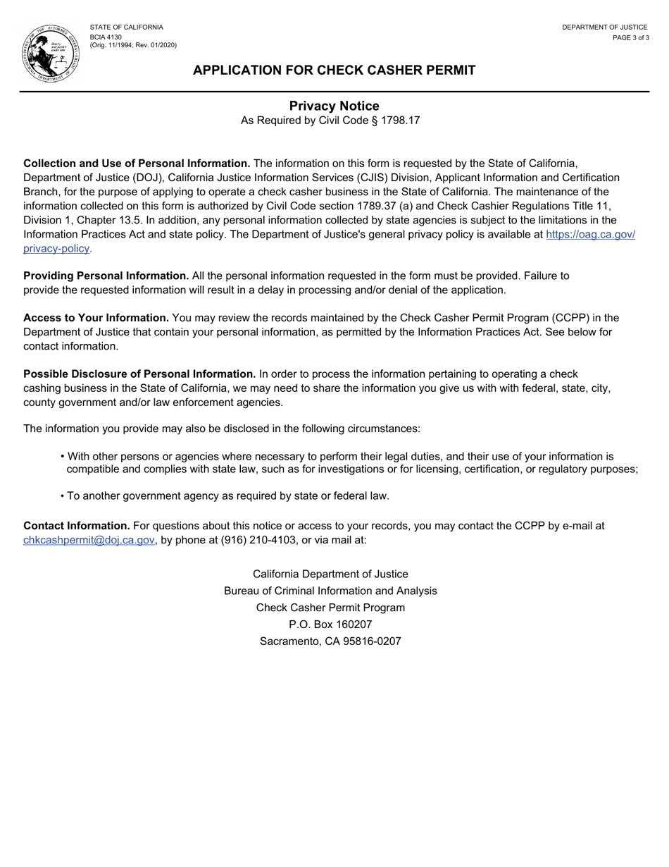 Form BCIA4130 Application for Check Casher Permit - California, Page 3