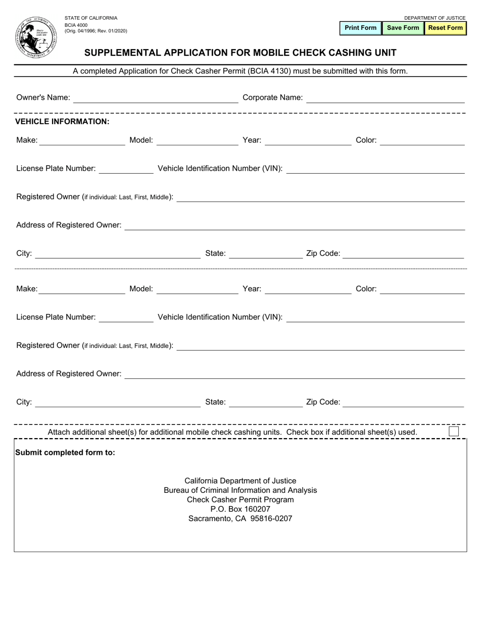 Form BCIA4000 Supplemental Application for Mobile Check Cashing Unit - California, Page 1