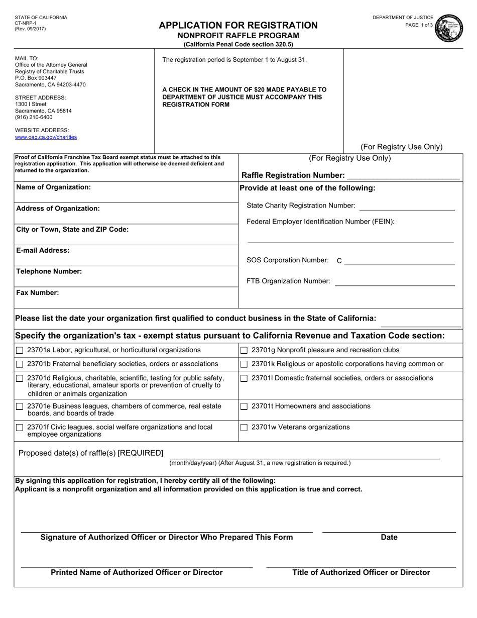 Form CT-NRP-1 Nonprofit Raffle Registration Form - California, Page 1