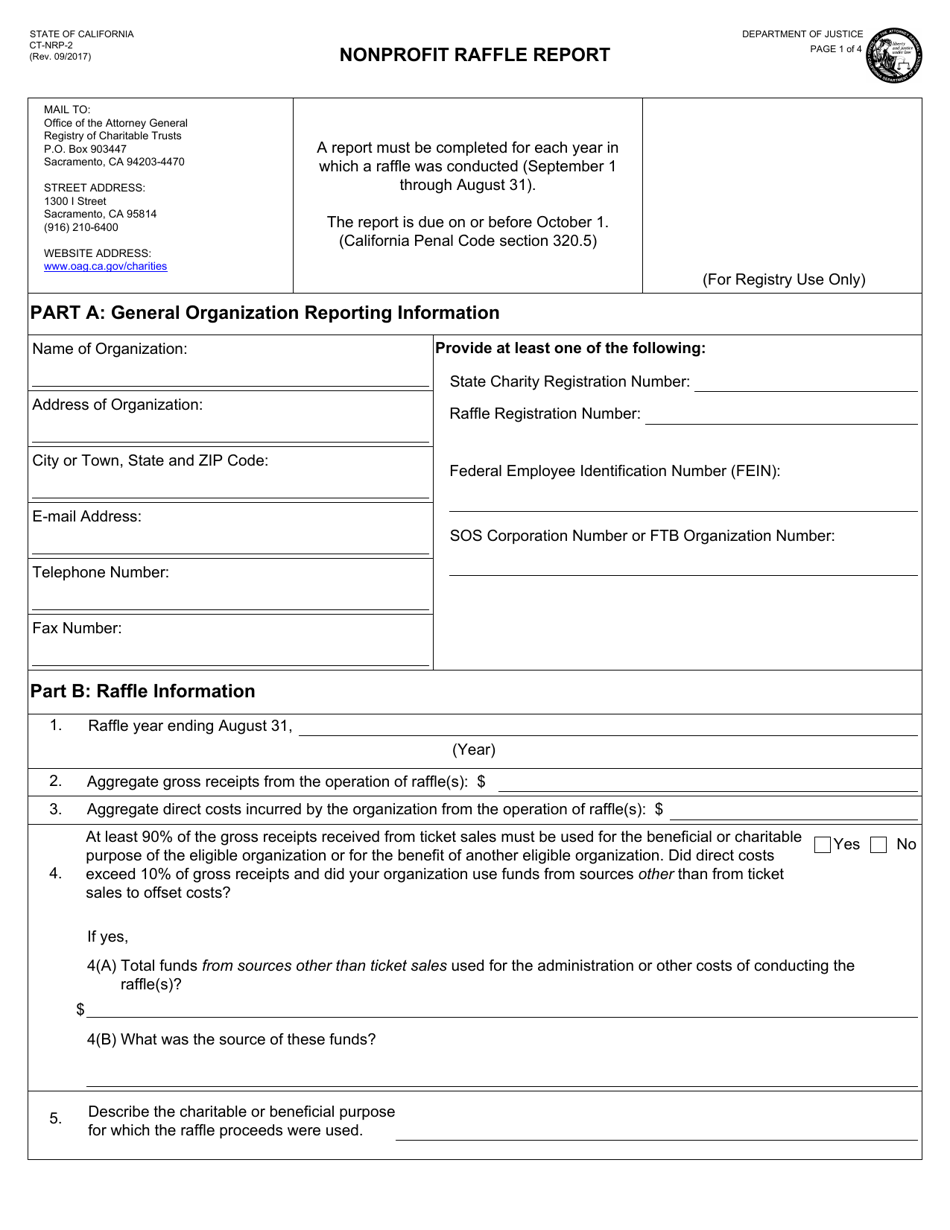 Form CT-NRP-2 Nonprofit Raffle Report - California, Page 1