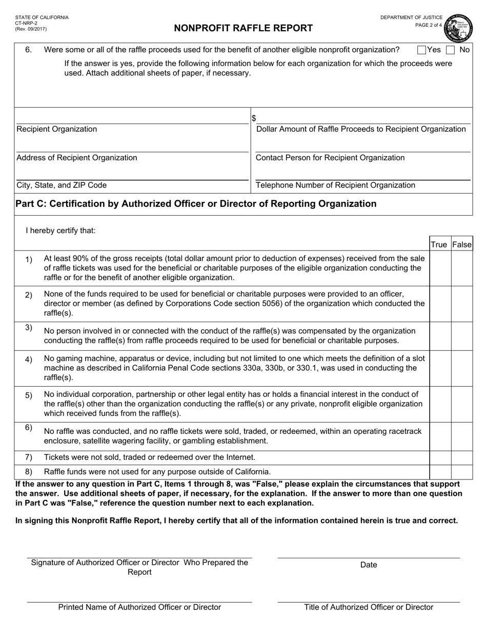 Form CT-NRP-2 Nonprofit Raffle Report - California, Page 2