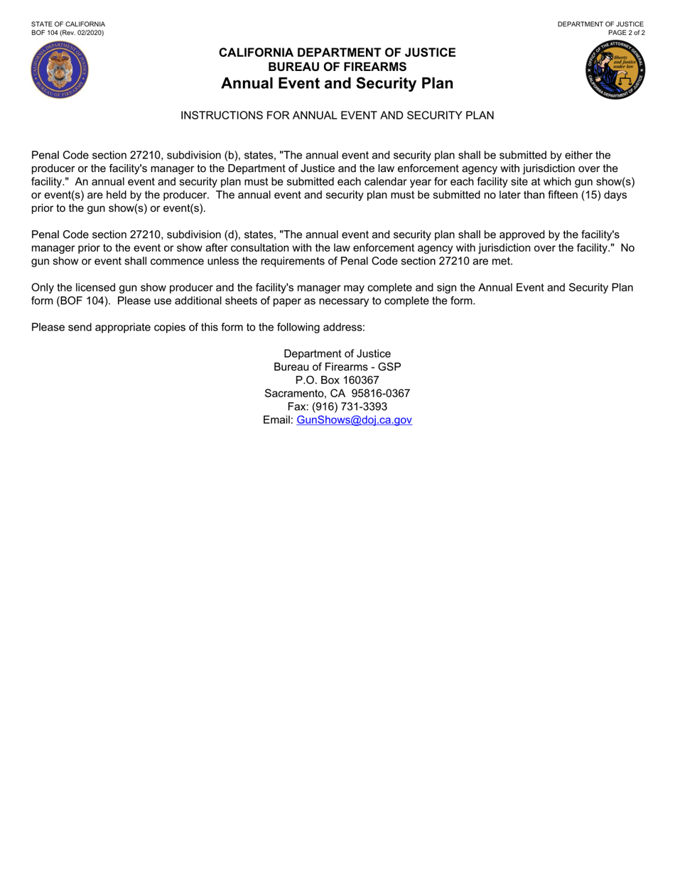 Form BOF104 Annual Event and Security Plan - California, Page 2