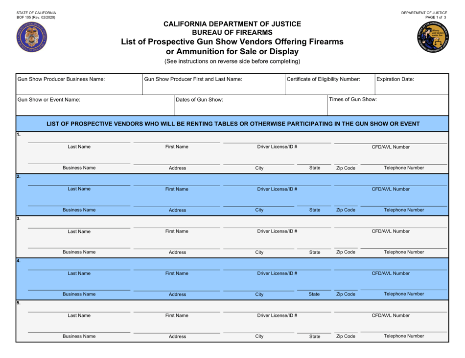 Form BOF105 List of Prospective Gun Show Vendors Offering Firearms or Ammunition for Sale or Display - California, Page 1