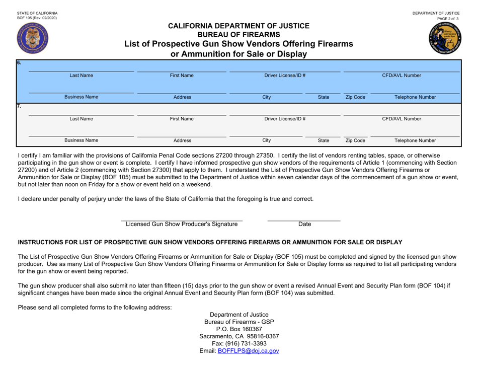 Form BOF105 List of Prospective Gun Show Vendors Offering Firearms or Ammunition for Sale or Display - California, Page 2