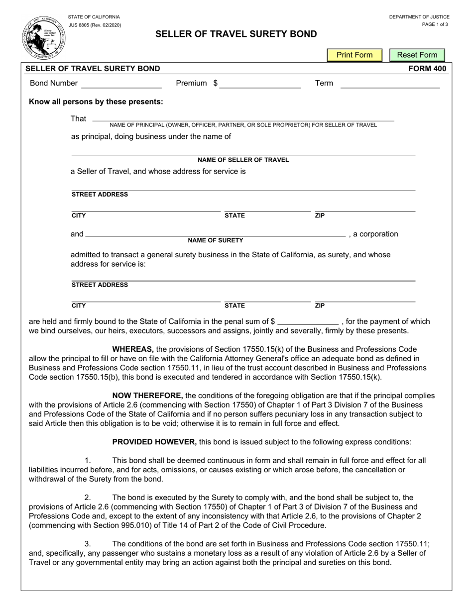 Form JUS8805 Seller of Travel Surety Bond - California, Page 1