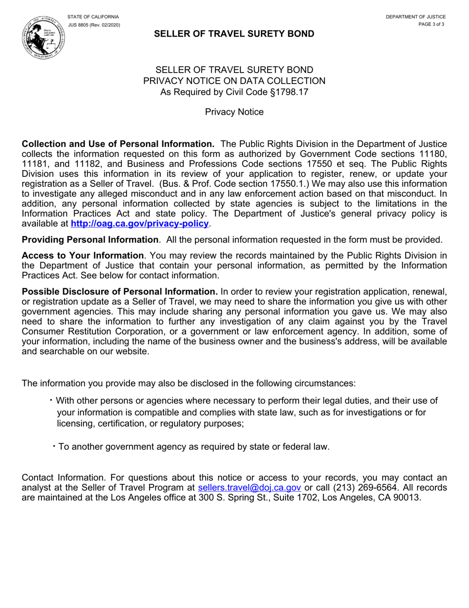 Form JUS8805 Seller of Travel Surety Bond - California, Page 3