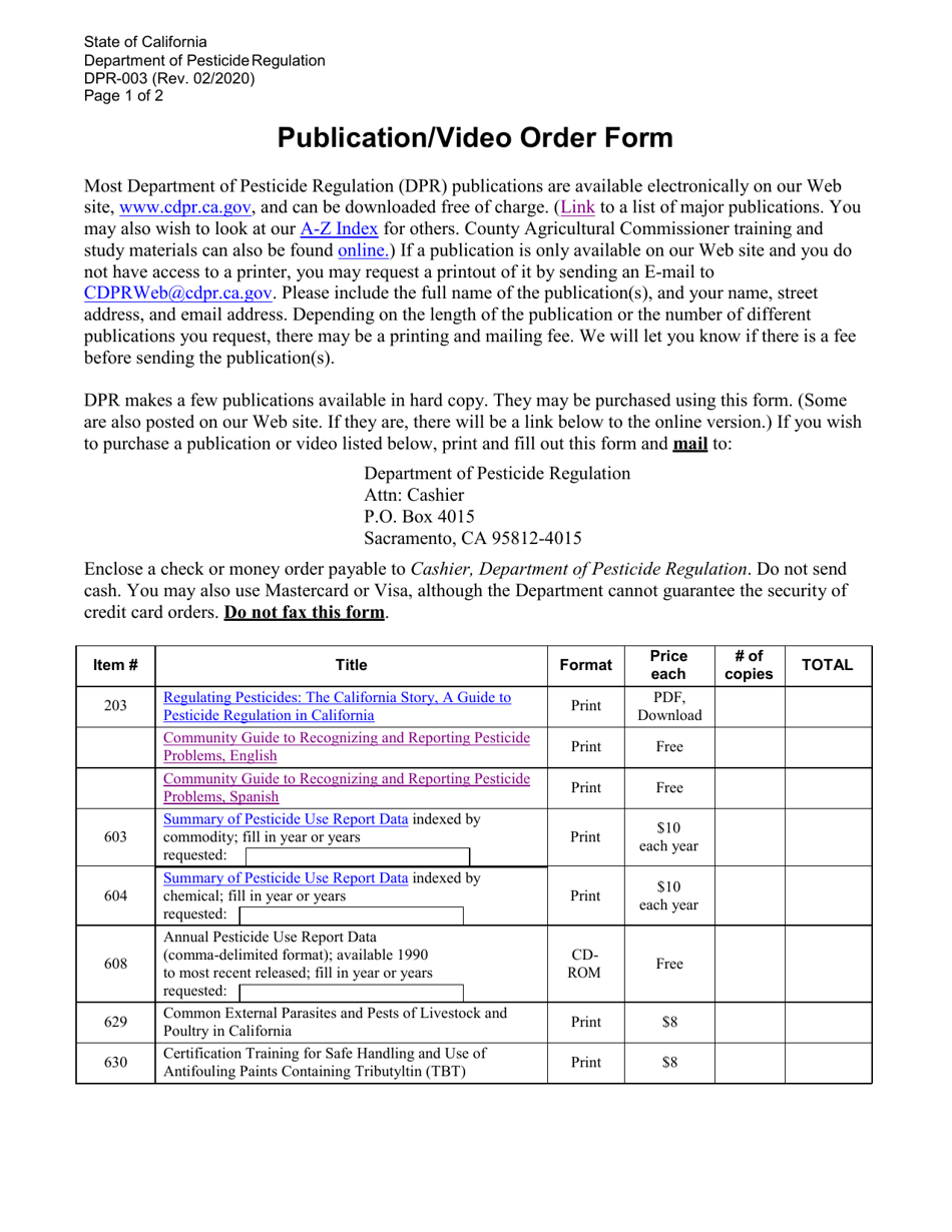 Form DPR-003 Publication / Video Order Form - California, Page 1