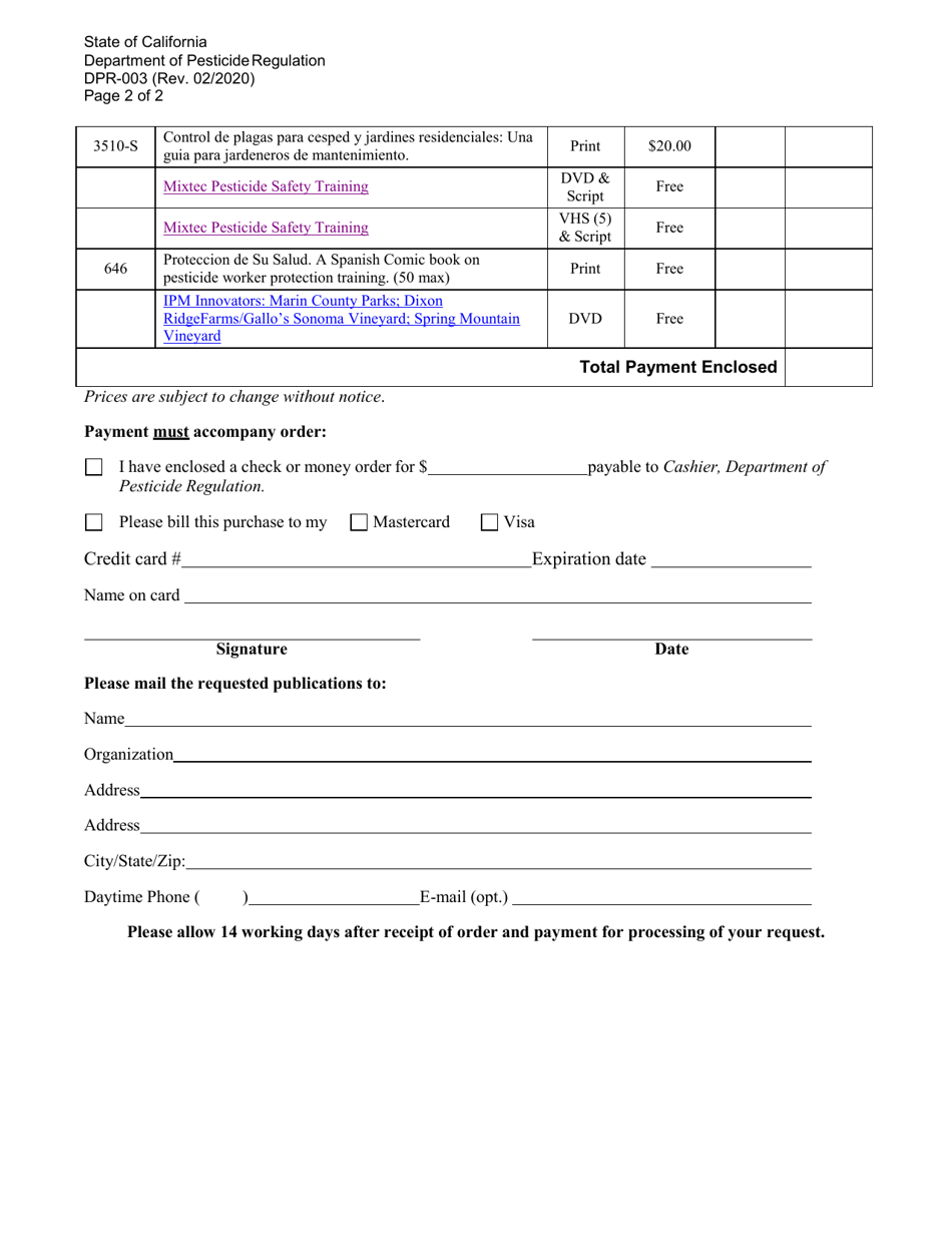Form DPR-003 Publication / Video Order Form - California, Page 2