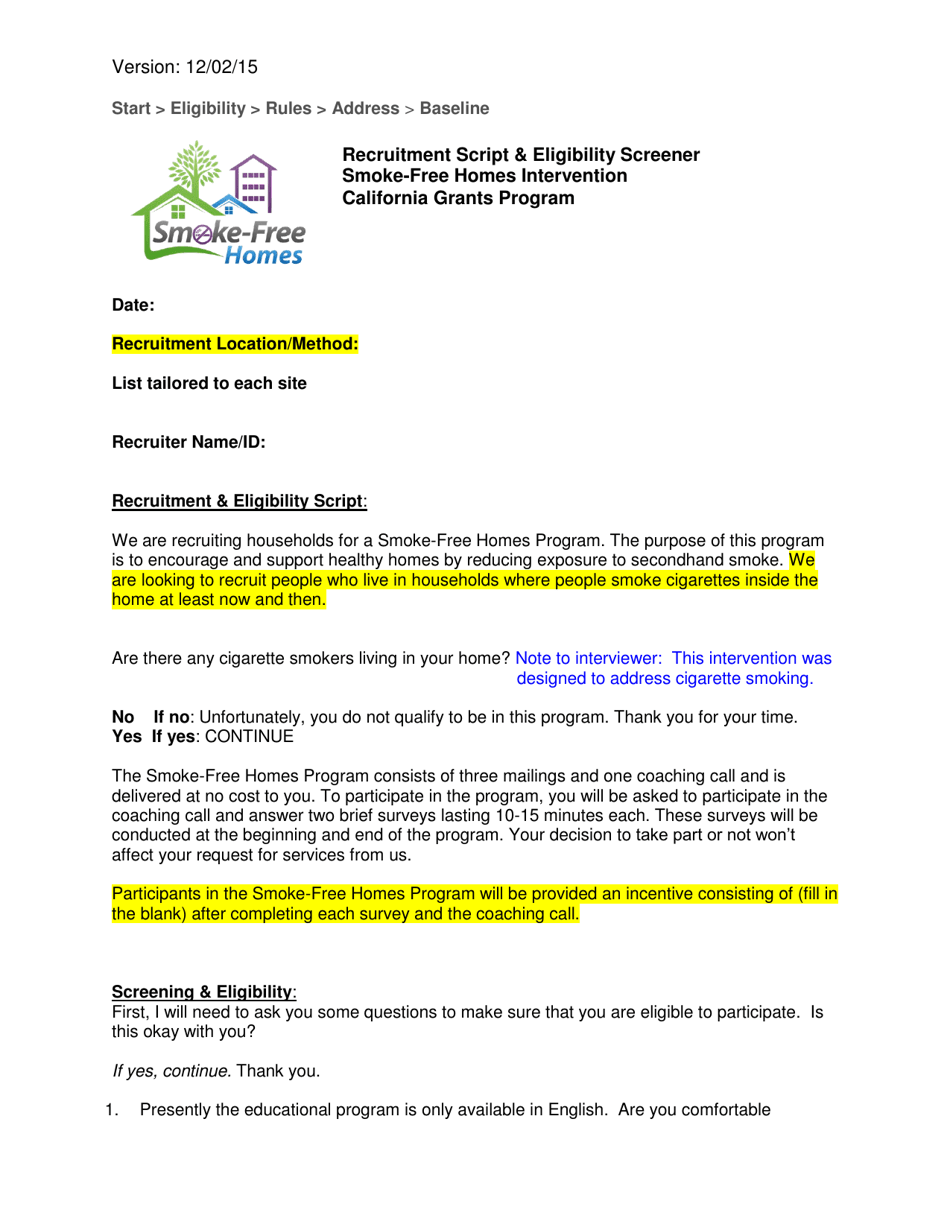 California Recruitment Script & Eligibility Screener - Fill Out, Sign ...
