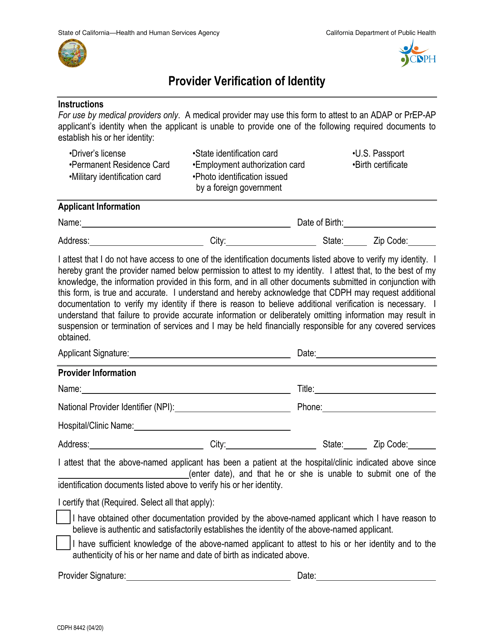 Form CDPH8442 Provider Verification of Identity - California