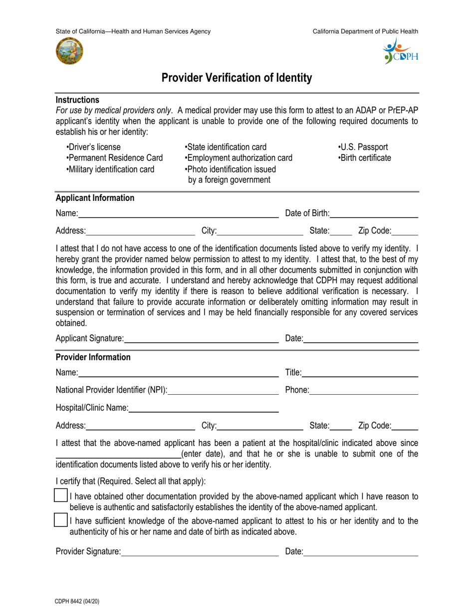 Form CDPH8442 Provider Verification of Identity - California, Page 1