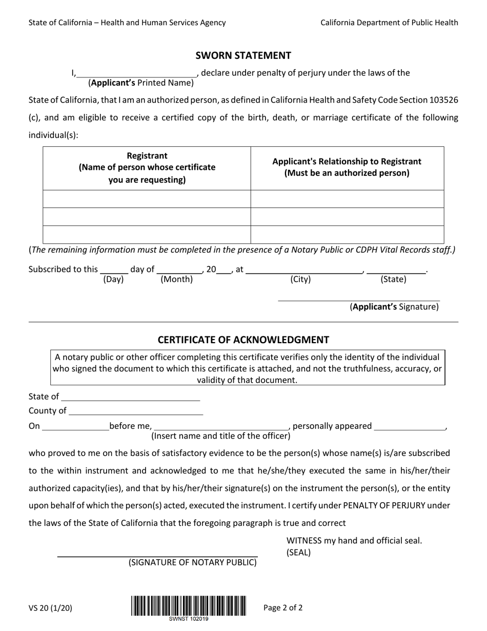 Form VS20 - Fill Out, Sign Online and Download Fillable PDF, California ...