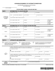 Form VS22 Acknowledgement of Paternity/Parentage - California