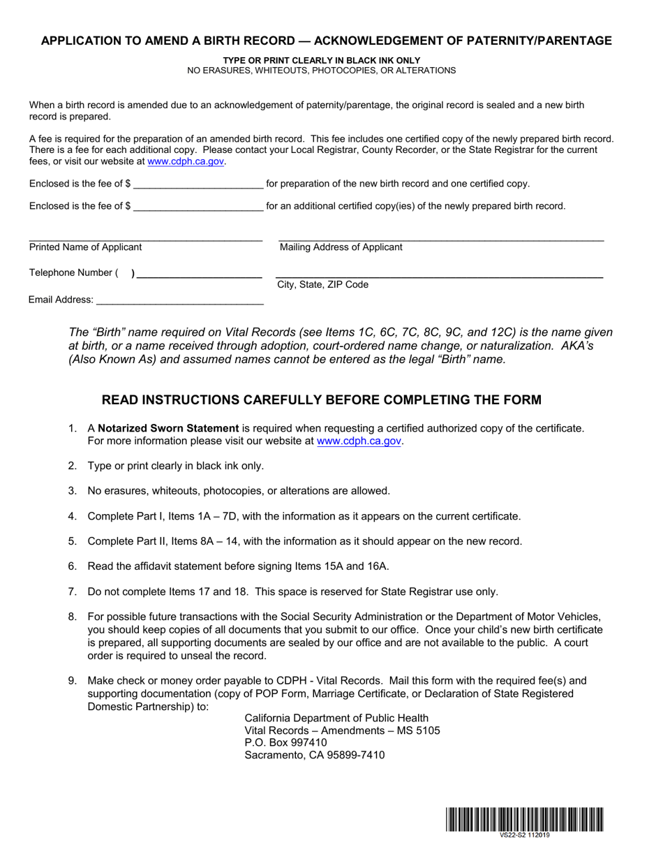 Form VS22 Acknowledgement of Paternity / Parentage - California, Page 2