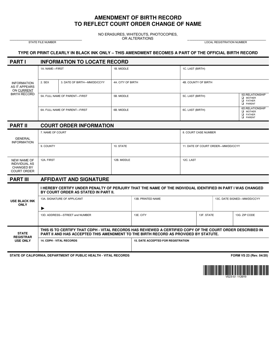 Form VS23 Amendment of Birth Record to Reflect Court Order Change of Name - California, Page 1