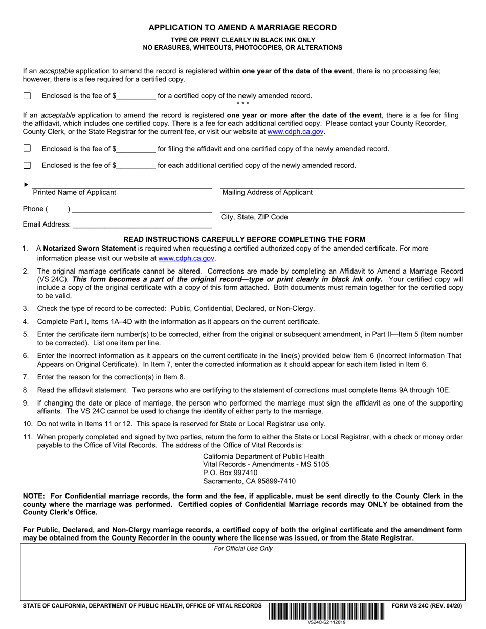 Form VS24C Download Fillable PDF or Fill Online Affidavit to Amend a ...