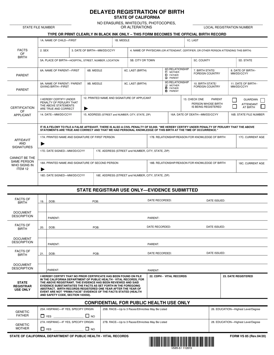 Form VS85 Delayed Registration of Birth - California, Page 1