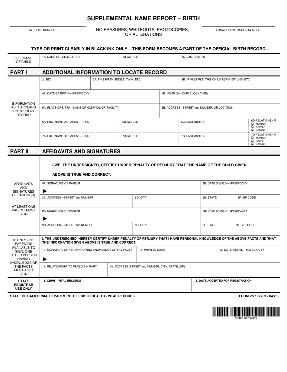 Form VS107 Supplemental Name Report - Birth - California, Page 1