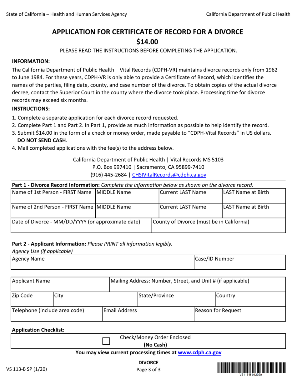 Form VS113-B SP Application for Certified Copy of Divorce Record - California (English / Spanish), Page 3