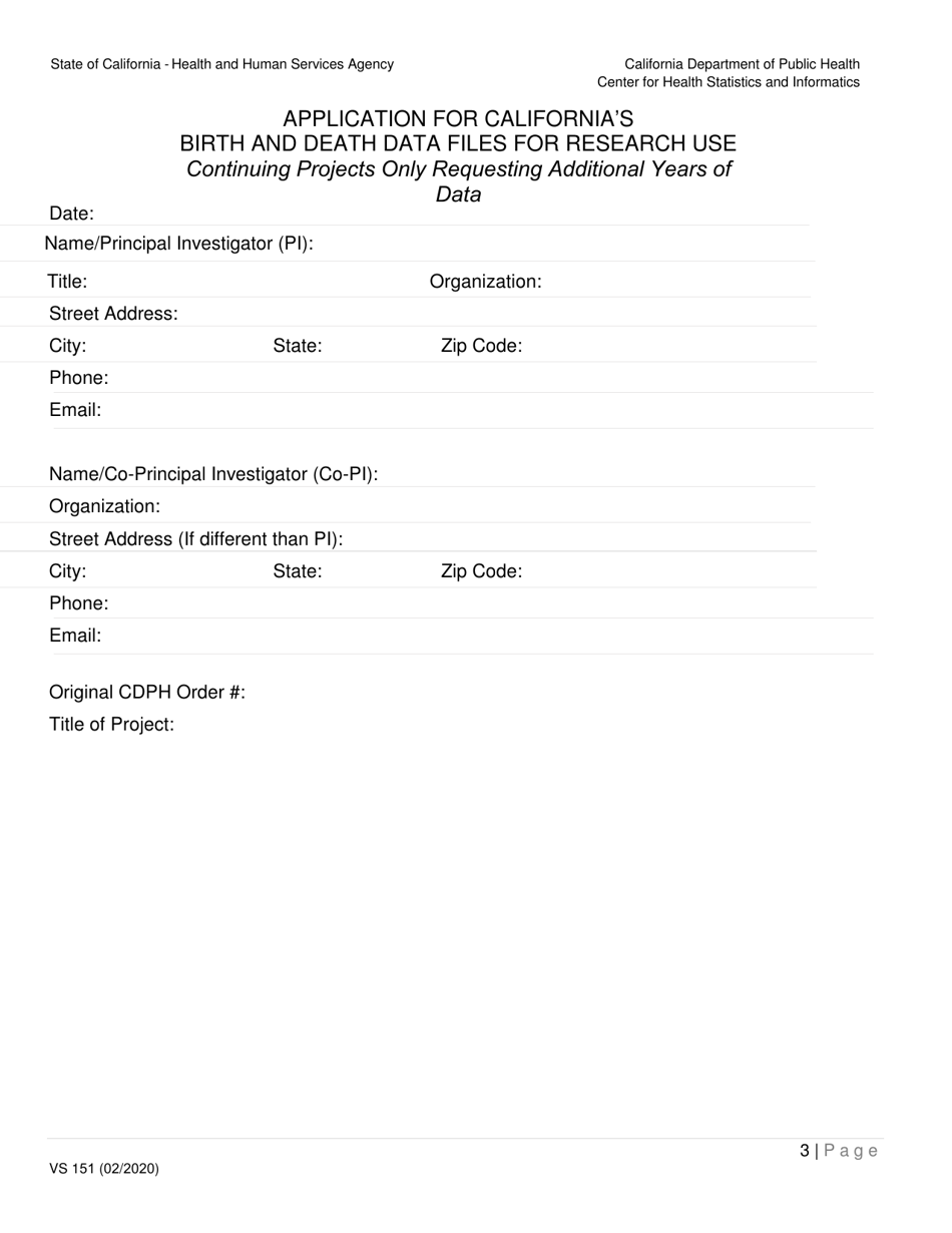 Form VS151 Application for Californias Birth and Death Data Files for Research Use (Additional Years of Data) - California, Page 3