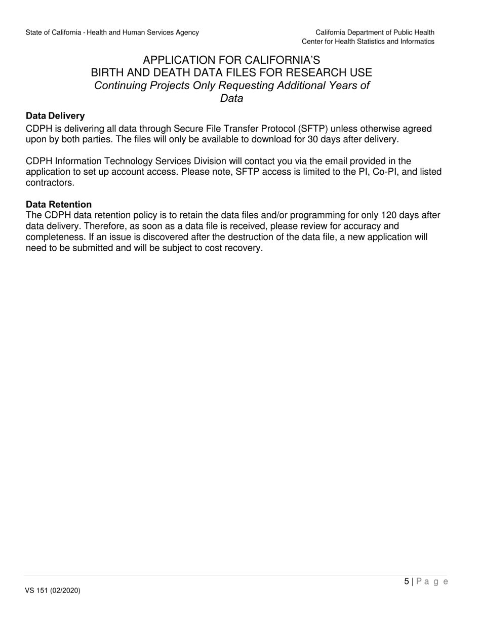 Form VS151 Application for Californias Birth and Death Data Files for Research Use (Additional Years of Data) - California, Page 5