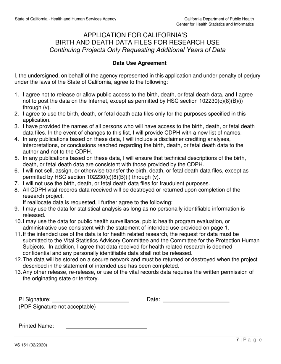 Form VS151 Application for Californias Birth and Death Data Files for Research Use (Additional Years of Data) - California, Page 7