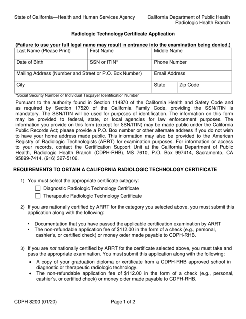 Form CDPH8200 Radiologic Technology Certificate Application - California