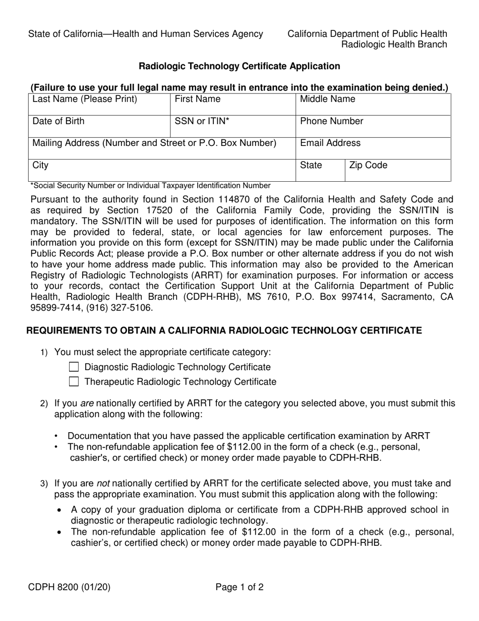 Form CDPH8200 Radiologic Technology Certificate Application - California, Page 1