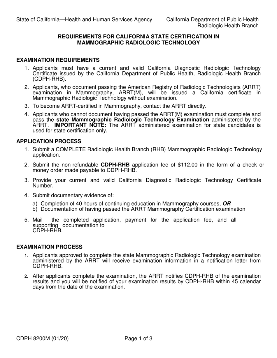Form CDPH8200M Application for a Certificate in Mammographic Radiologic Technology - California, Page 1
