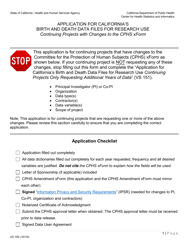 Form VS150 Application for California&#039;s Birth and Death Data Files for Research Use (Changes to Existing Project) - California