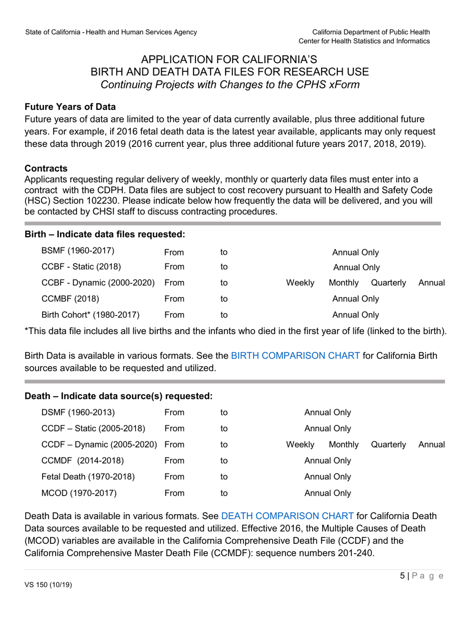 Form VS150 Application for Californias Birth and Death Data Files for Research Use (Changes to Existing Project) - California, Page 5