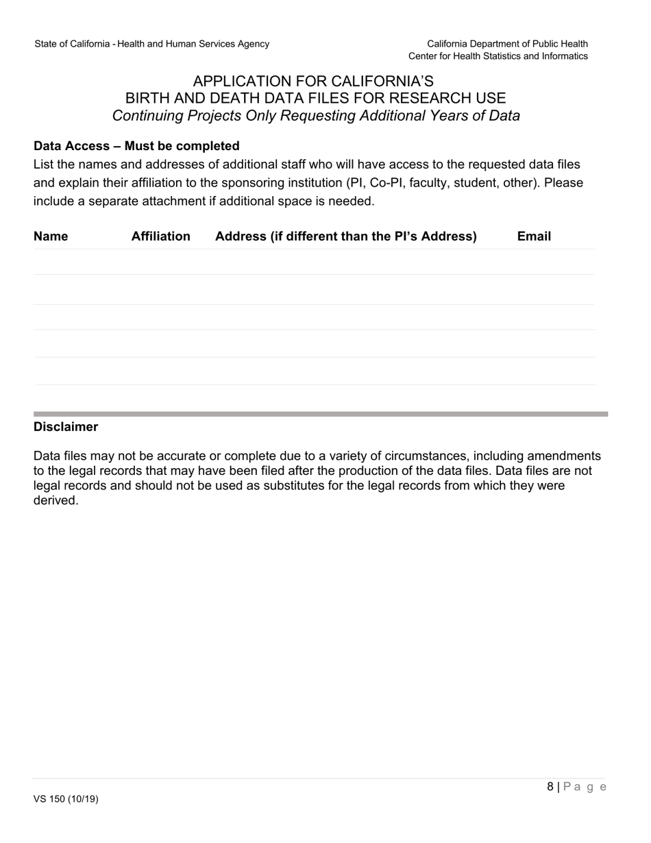 Form VS150 Application for Californias Birth and Death Data Files for Research Use (Changes to Existing Project) - California, Page 8