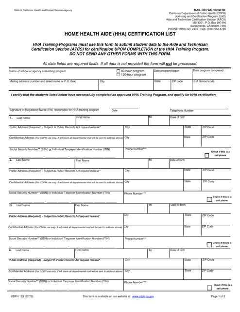 Form CDPH183 Home Health Aide (Hha) Certification List - California