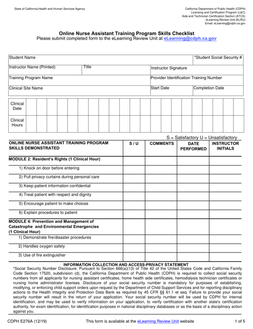 Form CDPH E276A Online Nurse Assistant Training Program Skills Checklist - California