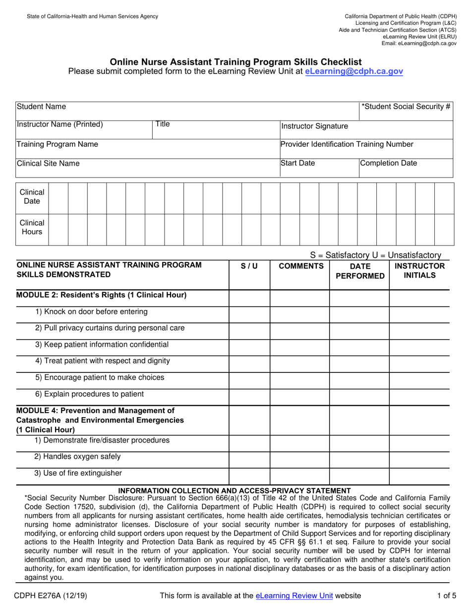 Form CDPH E276A Online Nurse Assistant Training Program Skills Checklist - California, Page 1