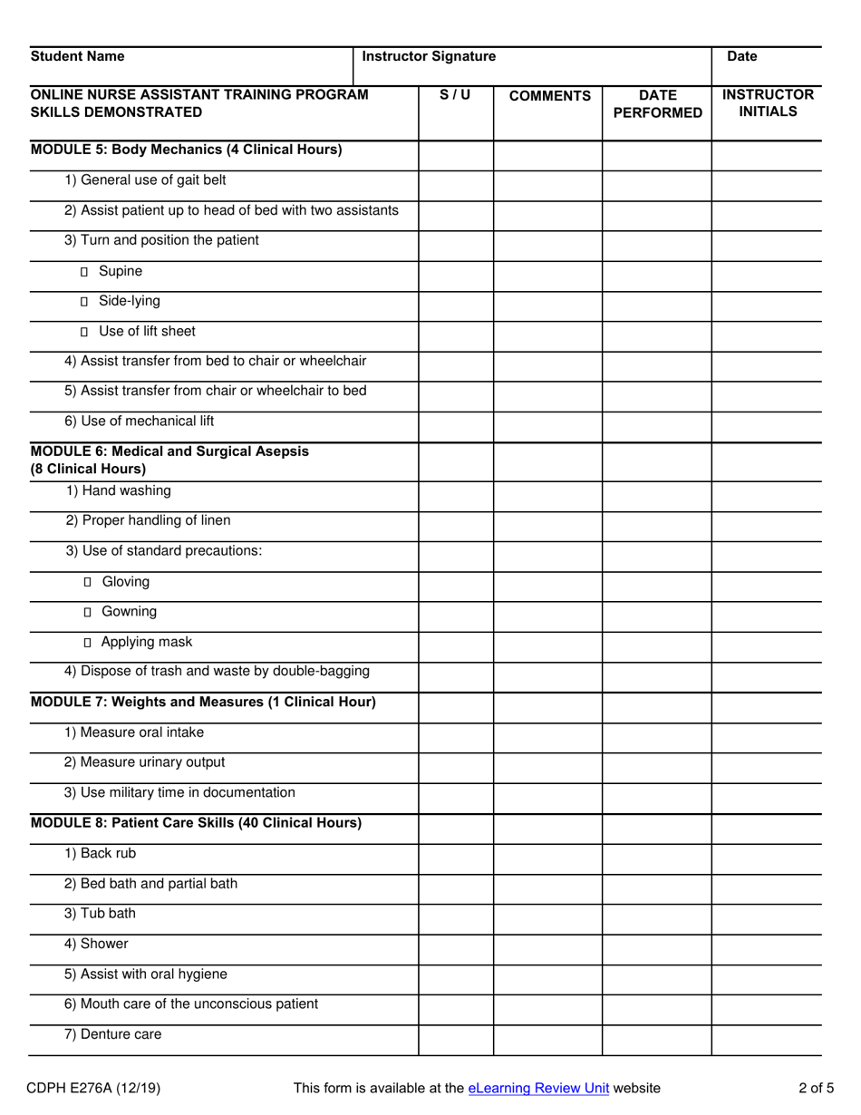 Form CDPH E276A Online Nurse Assistant Training Program Skills Checklist - California, Page 2