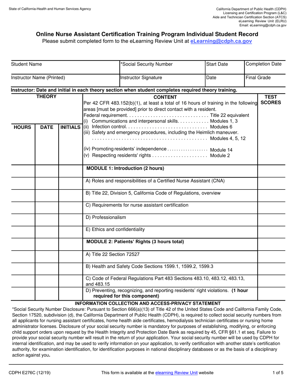 Form CDPH E276C Online Nurse Assistant Certification Training Program Individual Student Record - California, Page 1