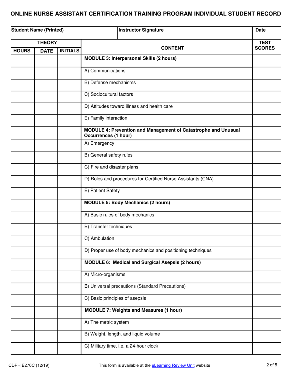 Form CDPH E276C Online Nurse Assistant Certification Training Program Individual Student Record - California, Page 2