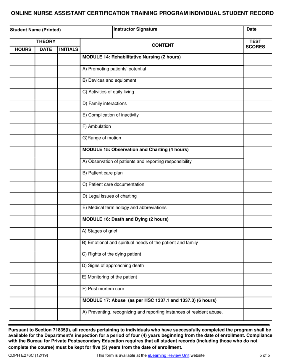 Form CDPH E276C Online Nurse Assistant Certification Training Program Individual Student Record - California, Page 5