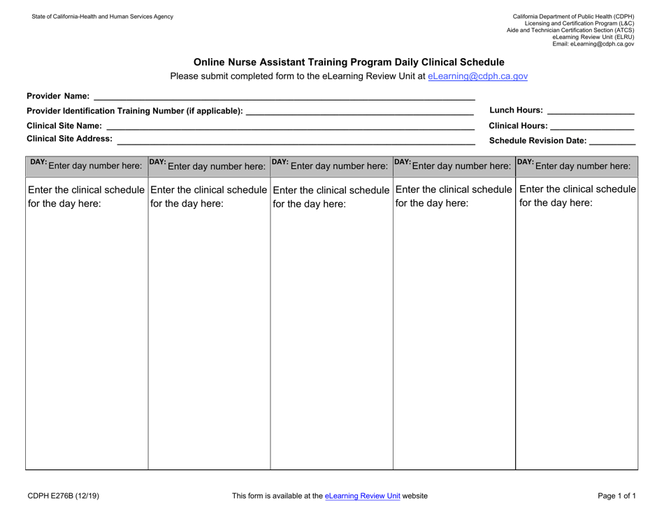 Form CDPH E276 B Online Nurse Assistant Training Program Daily Clinical Schedule - California, Page 1