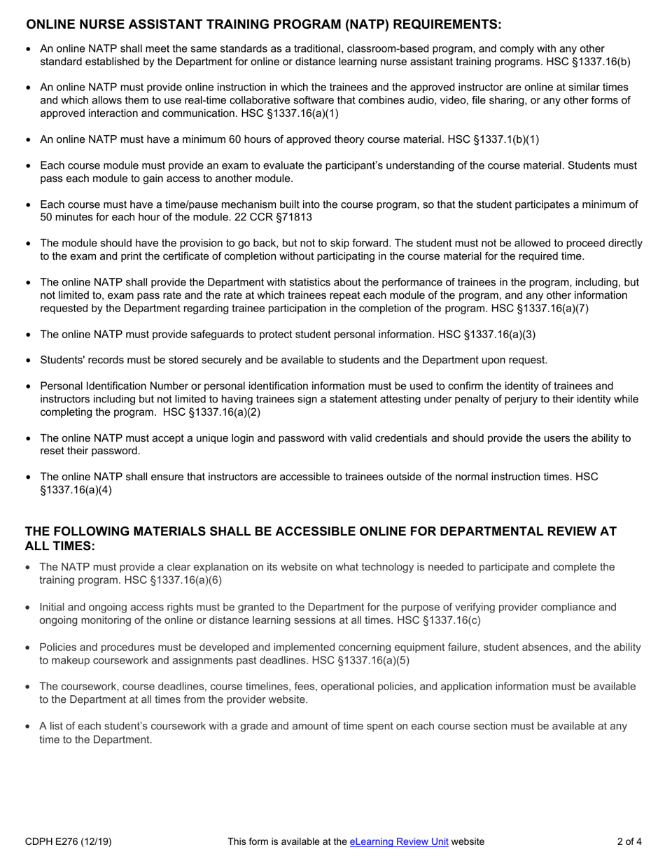 Form CDPH E276 Online Nurse Assistant Training Program Application - California, Page 2