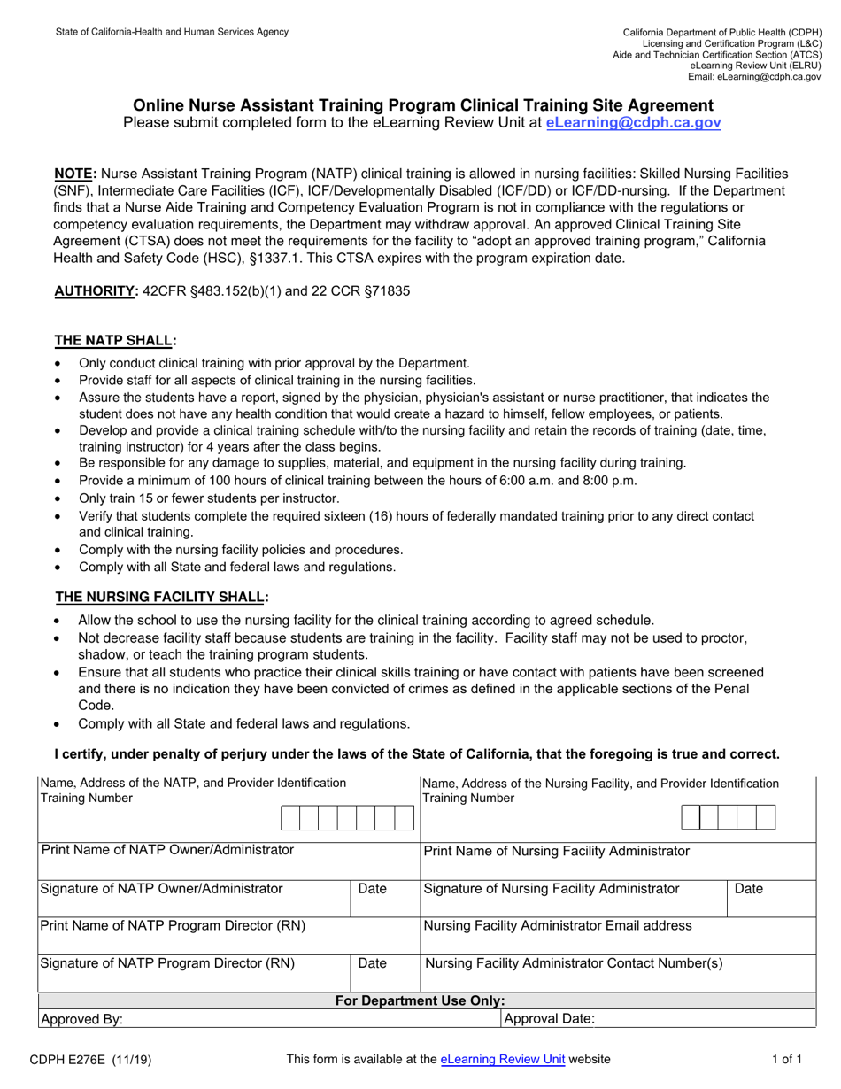 Form CDPH E276E Online Nurse Assistant Training Program Clinical Training Site Agreement - California, Page 1