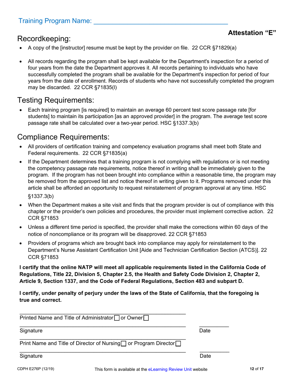 Form CDPH E276P Online Nurse Assistant Training Program Sample Policies and Procedures - California, Page 12