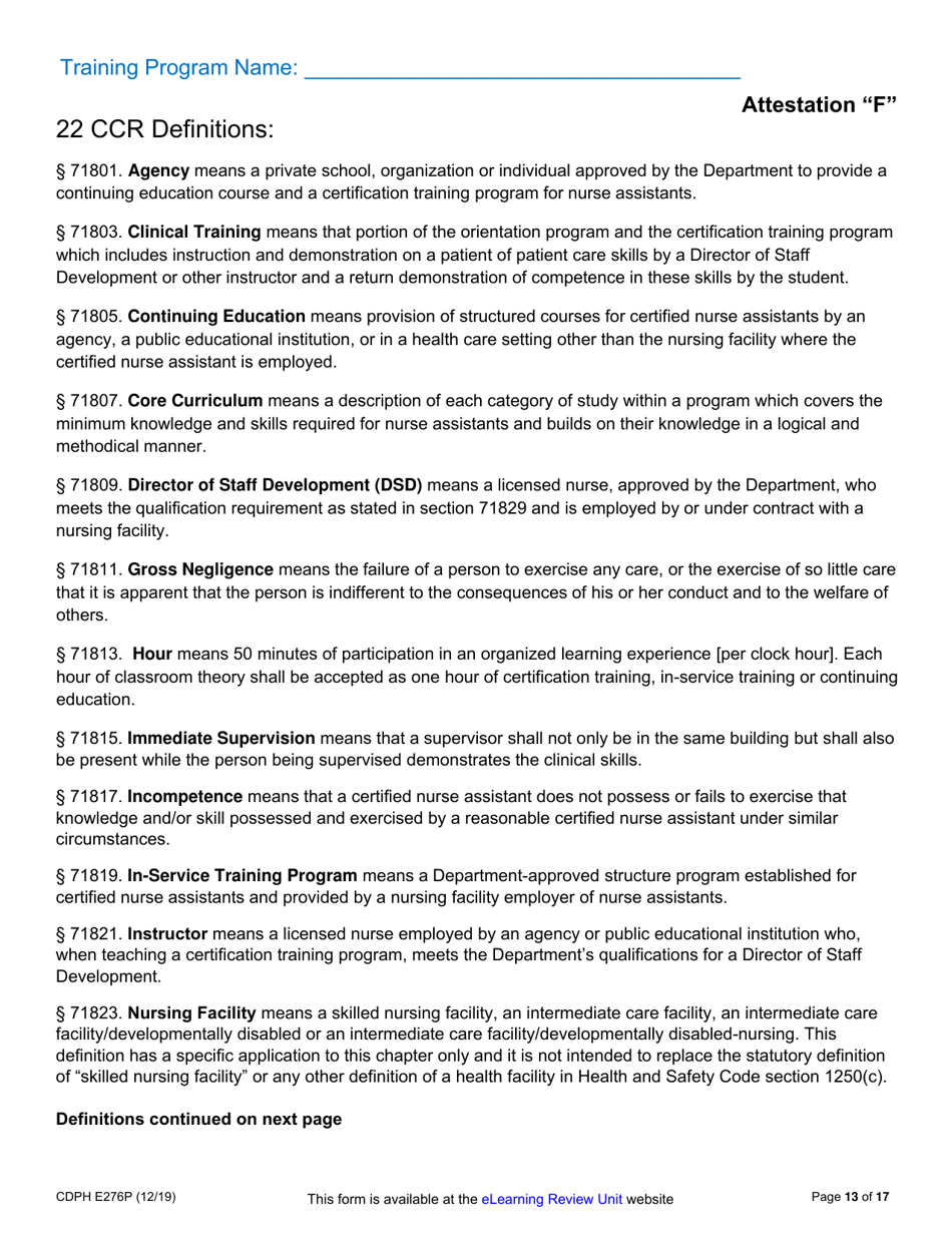 Form CDPH E276P Online Nurse Assistant Training Program Sample Policies and Procedures - California, Page 13