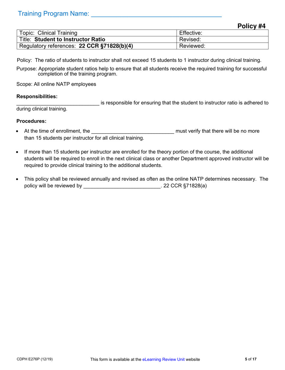Form CDPH E276P Online Nurse Assistant Training Program Sample Policies and Procedures - California, Page 5